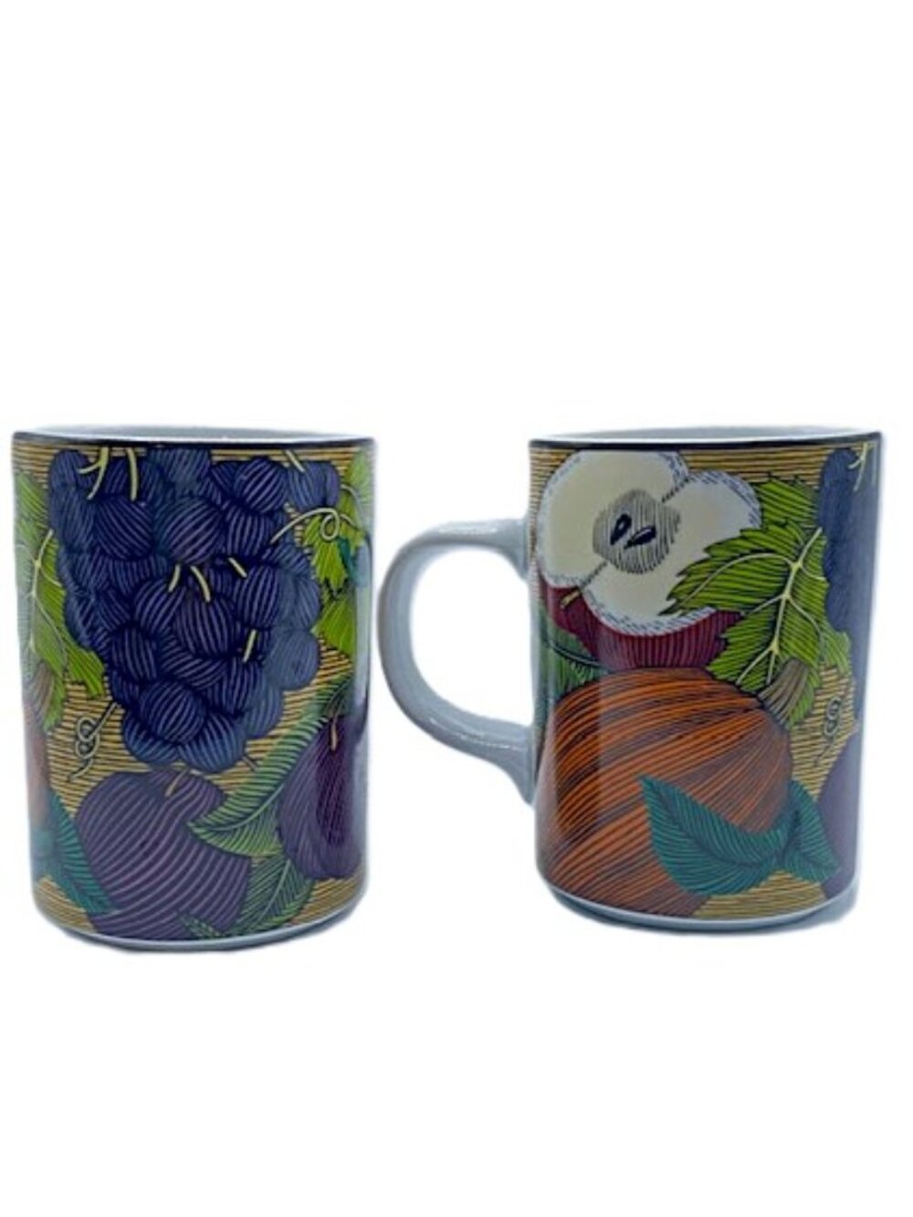 DANSK set of two colorful CORNUCOPIA mugs cups, fruits and vegetables